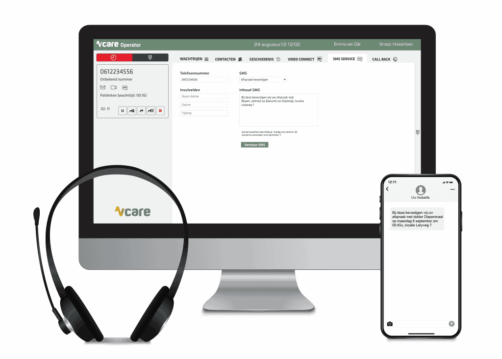 sms versturen via pc naar moviel van de patiënt met Vcare connect
