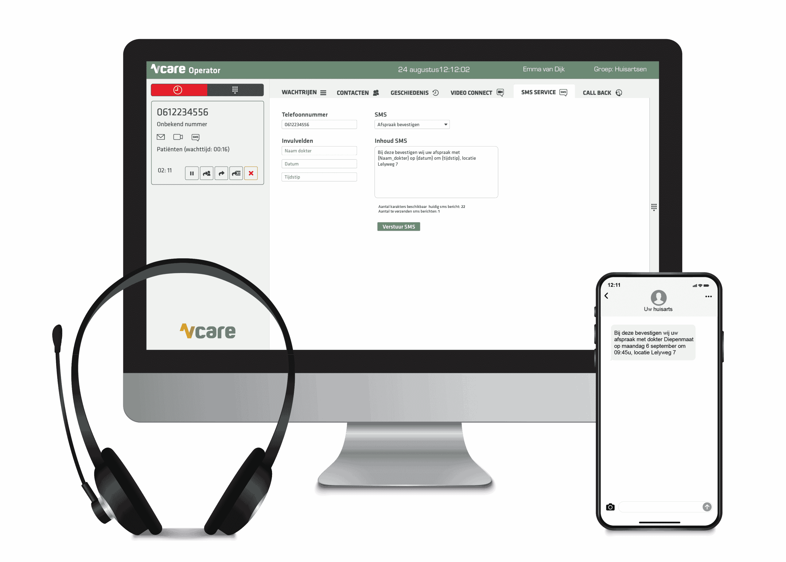 sms versturen via pc naar moviel van de patiënt met Vcare connect